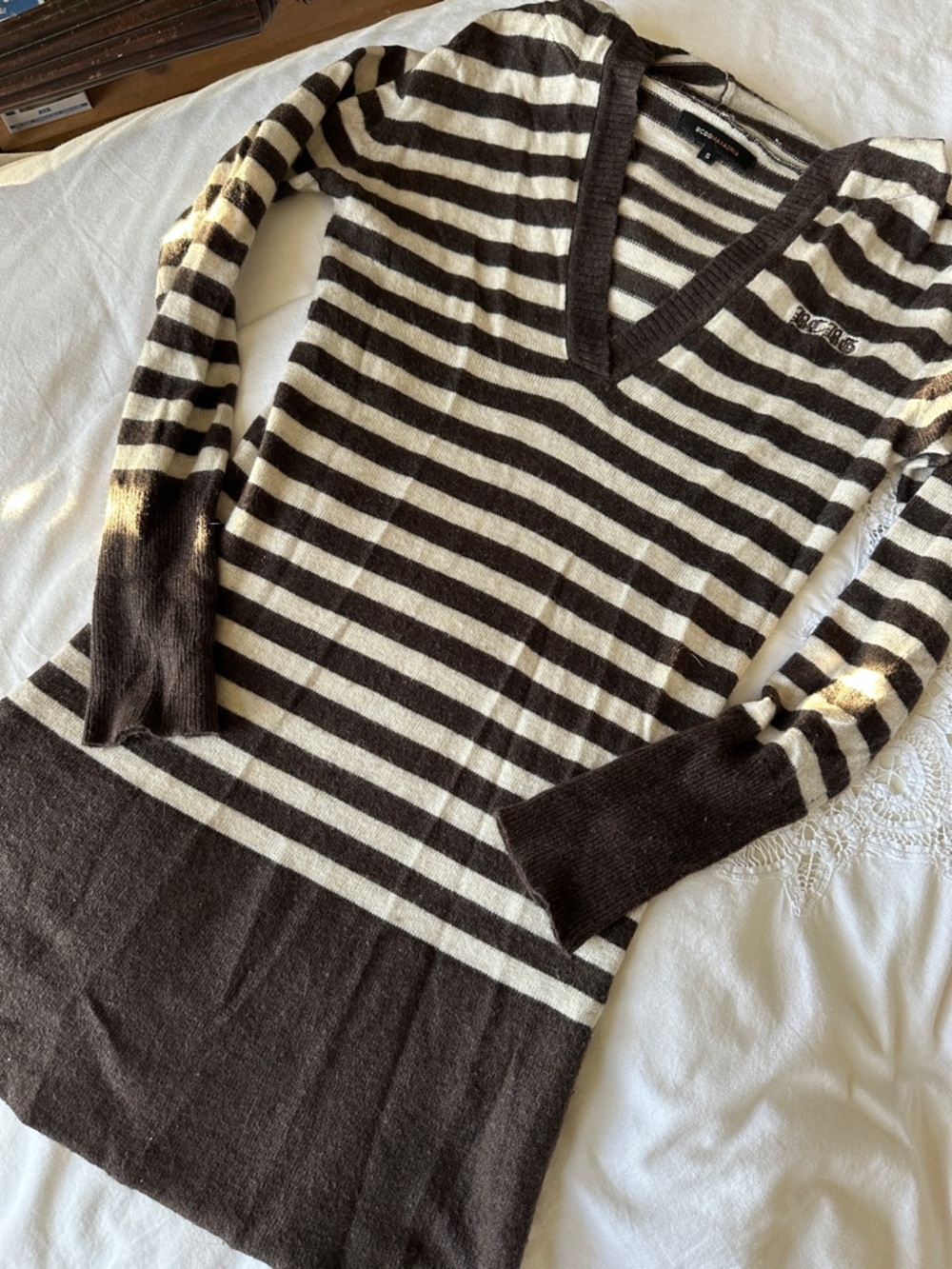BCBG Long Striped V-Neck Hooded Sweater